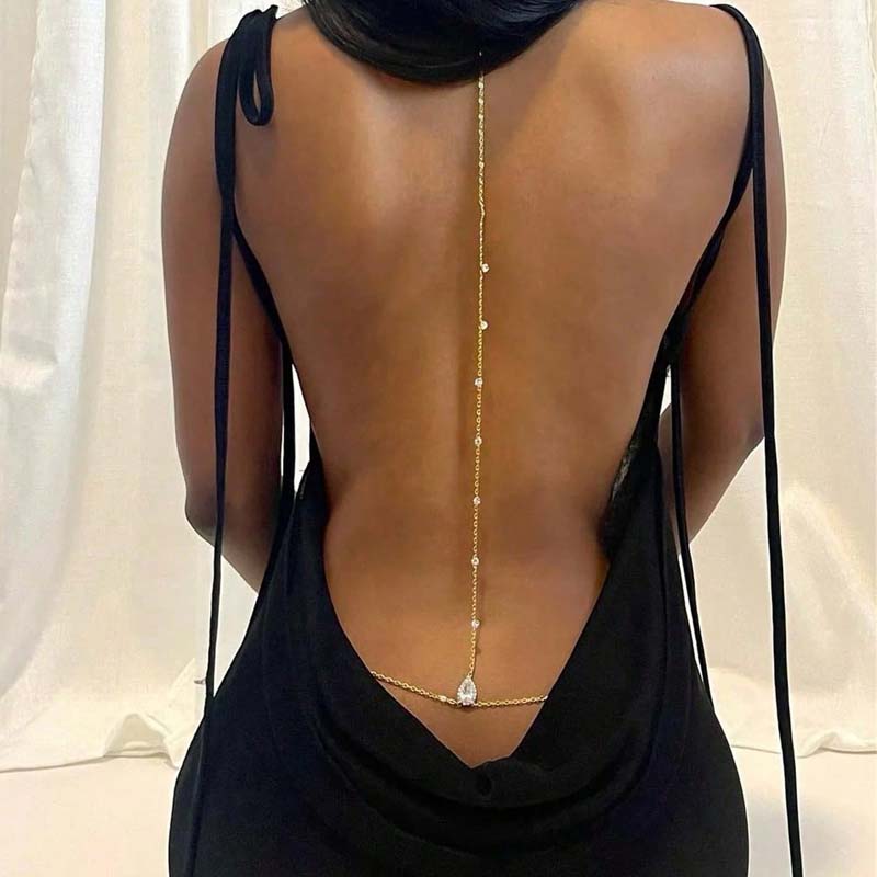 Body Jewelry For Backless Dress - Gold Teardrop Crystal Back Body Chain