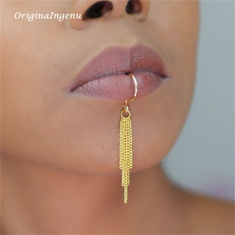 14K Gold Filled Chain Lip cuff - Body Jewelry Lip Ring ulasan dan harga